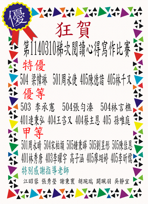 狂賀!第1140310全國中學生閱讀心得比賽得獎名單圖片