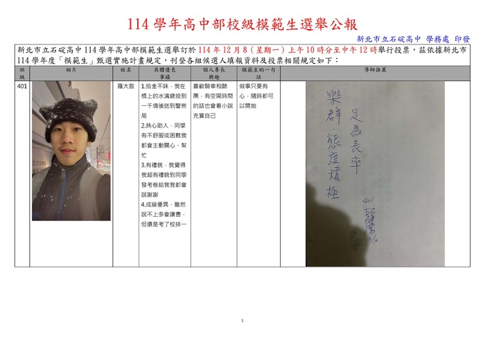 新北市立石碇高中114學年高中部校級模範生選舉公報圖片