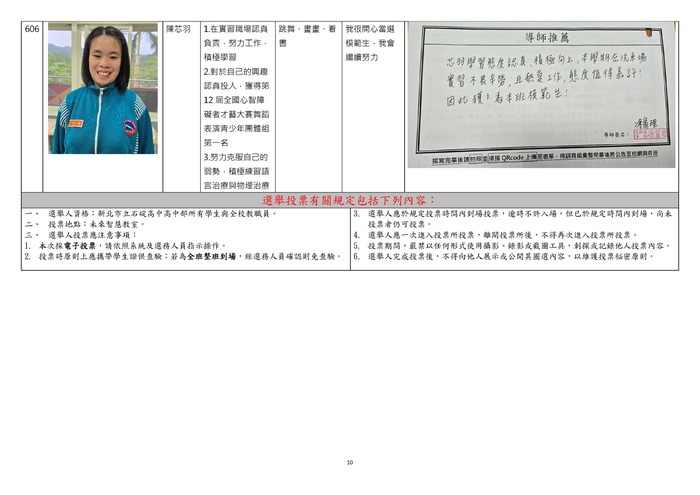 新北市立石碇高中114學年高中部校級模範生選舉公報圖片